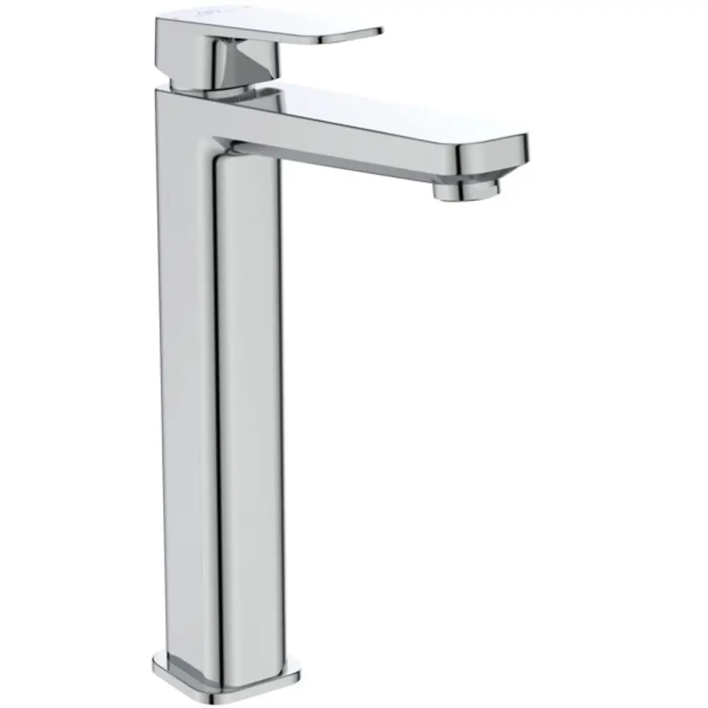 Chromierter Wasserhahn von Ideal Standard mit quadratischem Design und verlängerter Basis. Auslaufhöhe 160 mm. Geeignet für ein modernes Badezimmer.